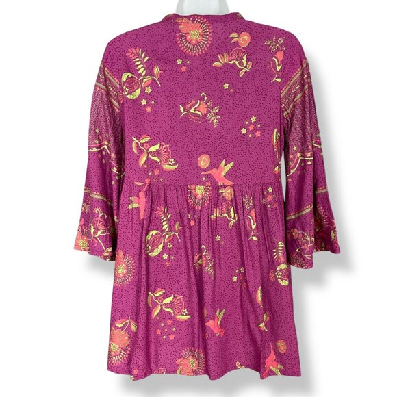 Max Tunic Top Blouse‎ Cropped Bell Sleeves Floral Hummingbird Tassel Neck Small - Picture 4 of 16
